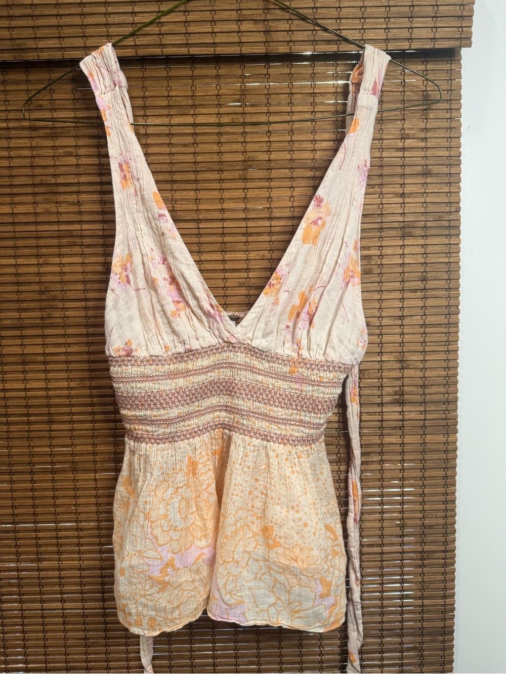 Free People Peach & Pink Floral Smocked V-Neck Tank